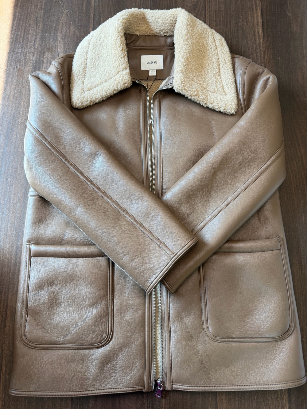 Jason Wu Taupe Leather Jacket with Shearling Trim